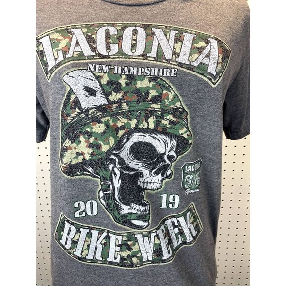 Laconia New Hampshire‎ 2019 Biker Week Mens T-Shirt (S) Gray Harley Camo Skull - Picture 4 of 6